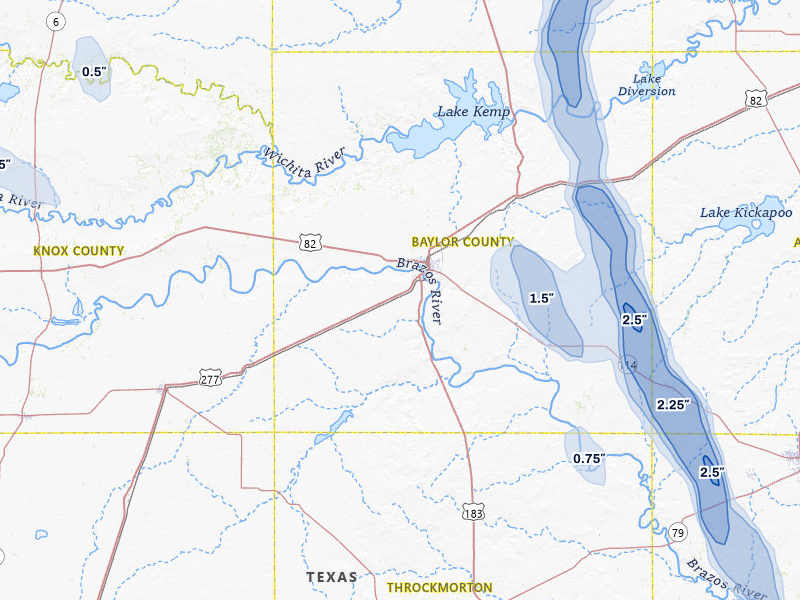 NEXRAD radar-signature map of the hail storm over Seymour, TX on May 8, 2026