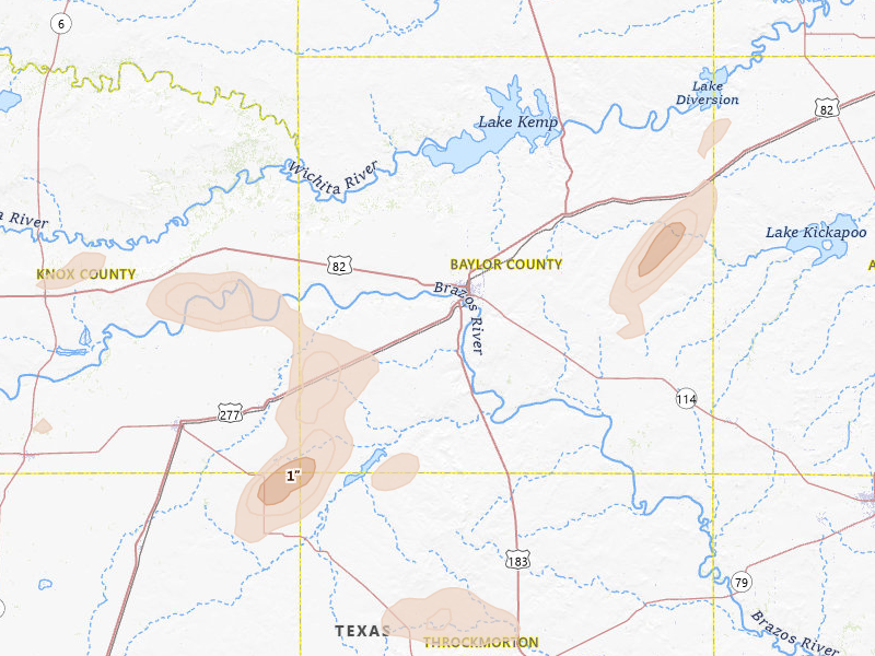 Radar-estimated hail-size map of the storm over Seymour, TX on May 10, 2026