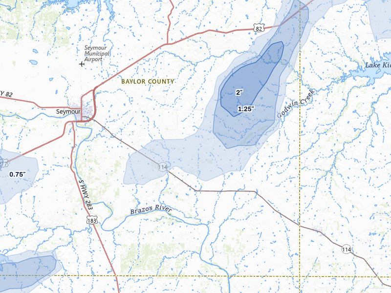 NEXRAD radar-signature map of the hail storm over Seymour, TX on May 10, 2026