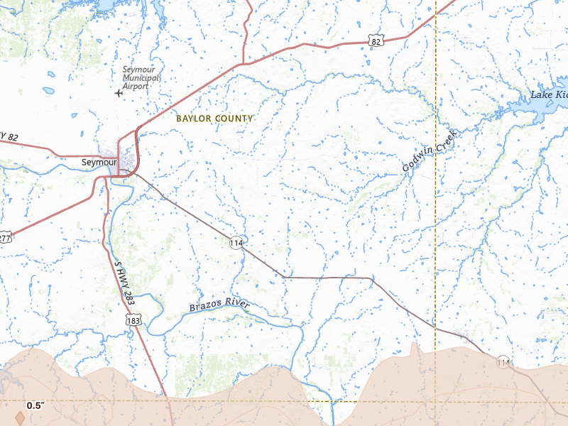 Radar-estimated hail-size map of the storm over Seymour, TX on Jun 18, 2026
