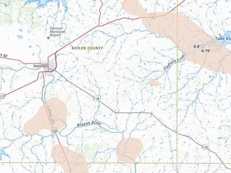 Radar-estimated hail-size map of the storm over Seymour, TX on Jun 23, 2026
