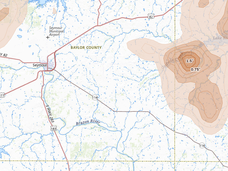 Radar-estimated hail-size map of the storm over Seymour, TX on Jul 5, 2026