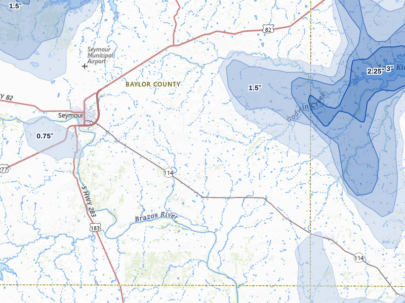 NEXRAD radar-signature map of the hail storm over Seymour, TX on Jul 5, 2026