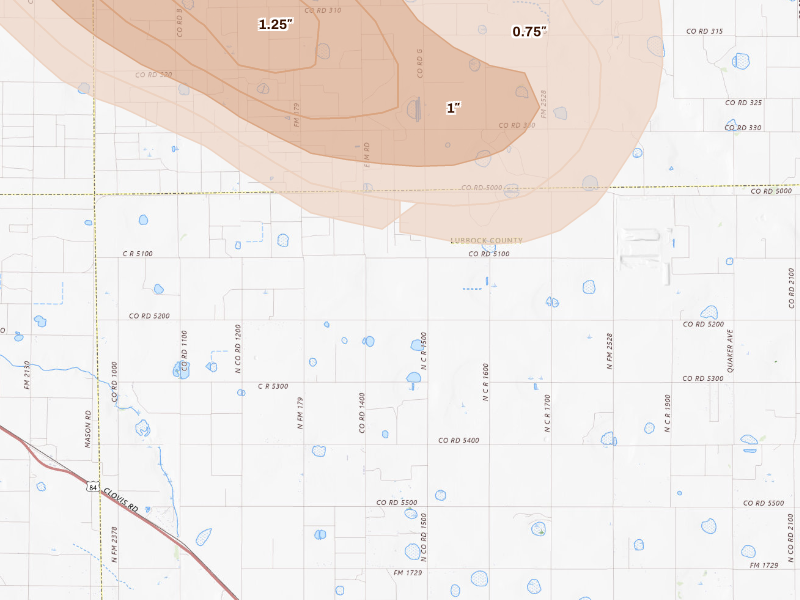 Radar-estimated hail-size map of the storm over Shallowater, TX on Sep 21, 2026