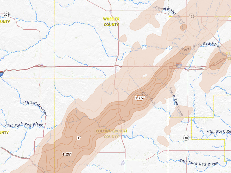 Radar-estimated hail-size map of the storm over Shamrock, TX on Mar 5, 2026