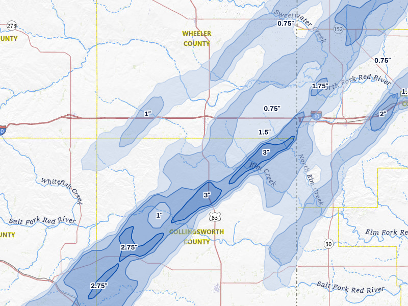 NEXRAD radar-signature map of the hail storm over Shamrock, TX on Mar 5, 2026
