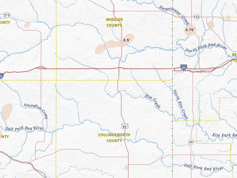 Radar-estimated hail-size map of the storm over Shamrock, TX on May 22, 2026