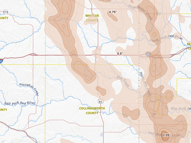 Radar-estimated hail-size map of the storm over Shamrock, TX on Jun 23, 2026