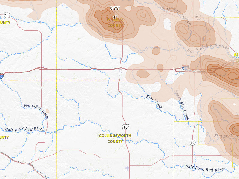 Radar-estimated hail-size map of the storm over Shamrock, TX on Jun 25, 2026