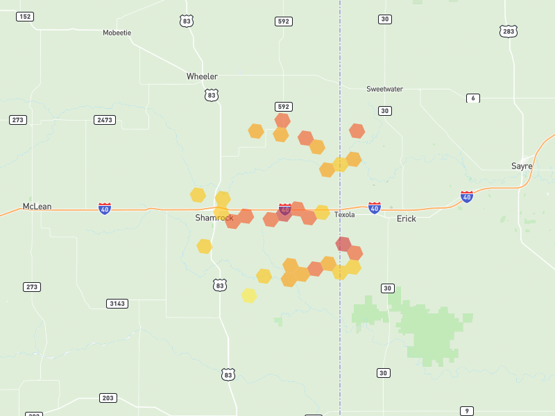 Hail map of Shamrock, TX on Jun 26, 2026, hail up to 2"