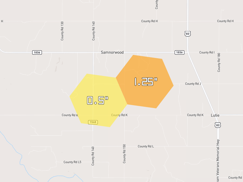 Hail map of Shamrock, TX on Jun 27, 2026, hail up to 1.25"