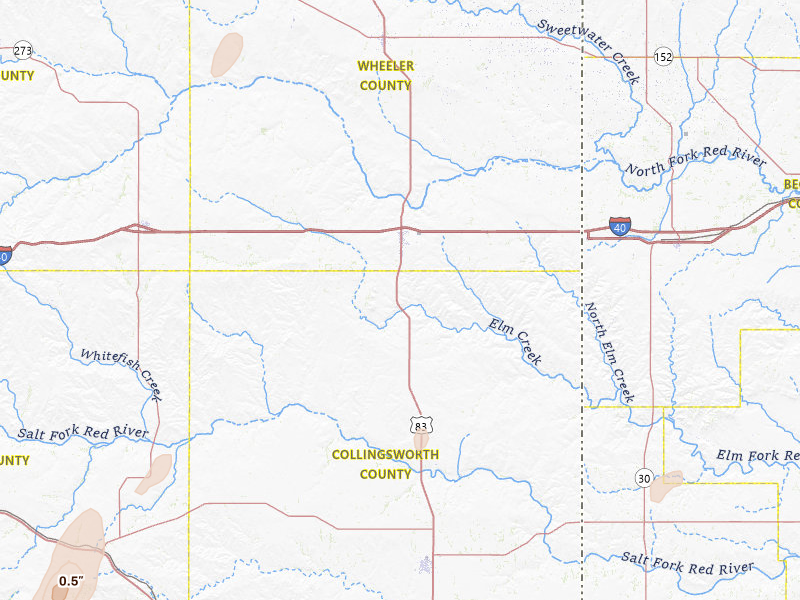 Radar-estimated hail-size map of the storm over Shamrock, TX on Jun 29, 2026