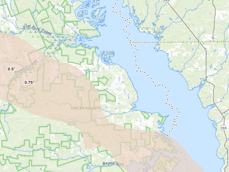 Radar-estimated hail-size map of the storm over Shelbyville, TX on Apr 24, 2026