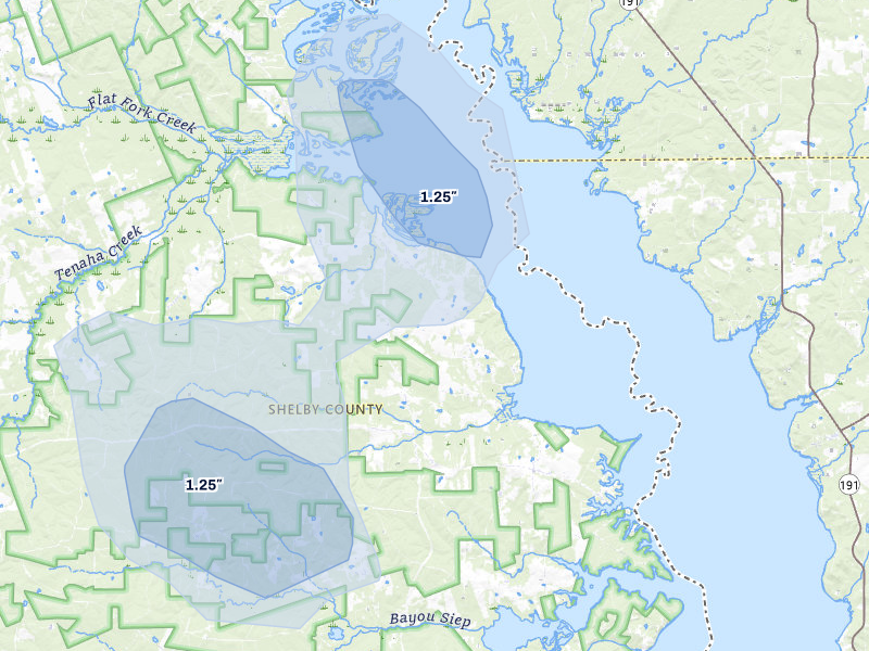 NEXRAD radar-signature map of the hail storm over Shelbyville, TX on Jul 6, 2026
