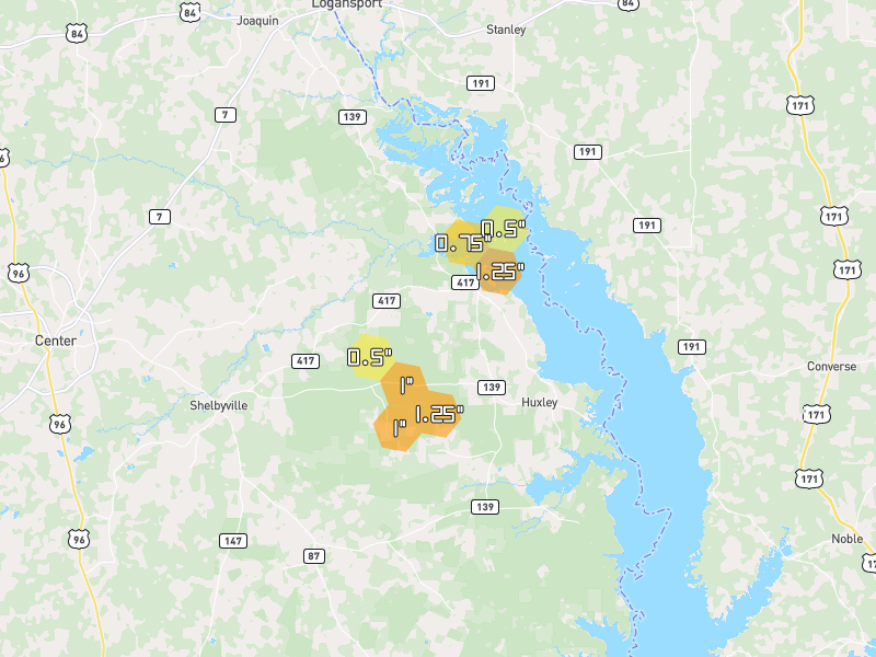 Hail map of Shelbyville, TX on Jul 6, 2026, hail up to 1.25"