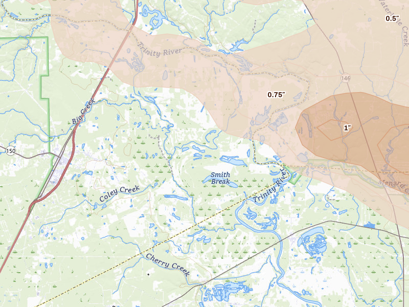 Radar-estimated hail-size map of the storm over Shepherd, TX on Mar 15, 2026