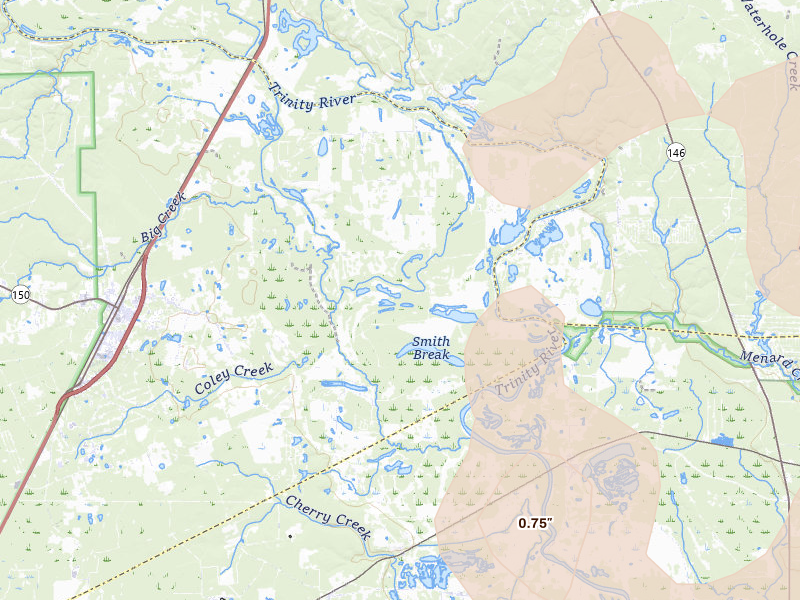 Radar-estimated hail-size map of the storm over Shepherd, TX on May 10, 2026