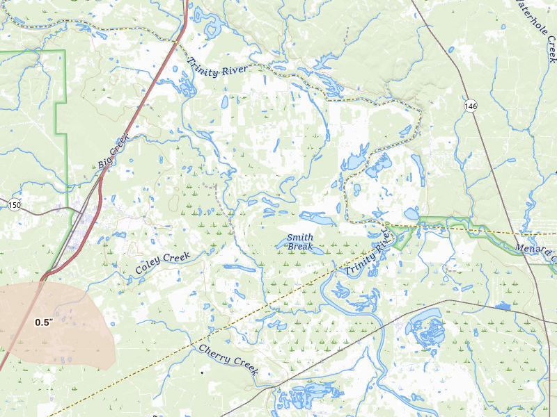 Radar-estimated hail-size map of the storm over Shepherd, TX on Jul 7, 2026