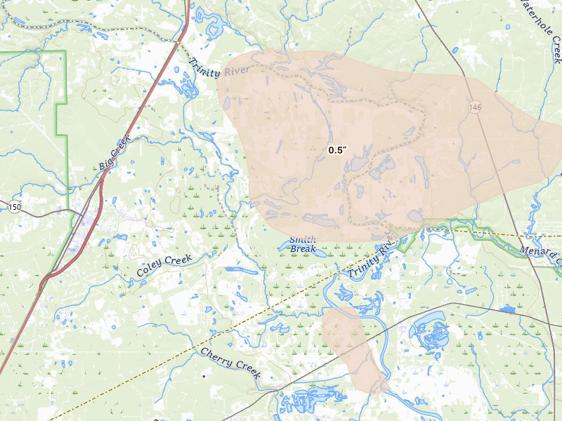 Radar-estimated hail-size map of the storm over Shepherd, TX on Sep 2, 2026