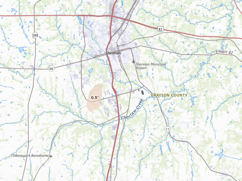 Radar-estimated hail-size map of the storm over Sherman, TX on Jan 31, 2026