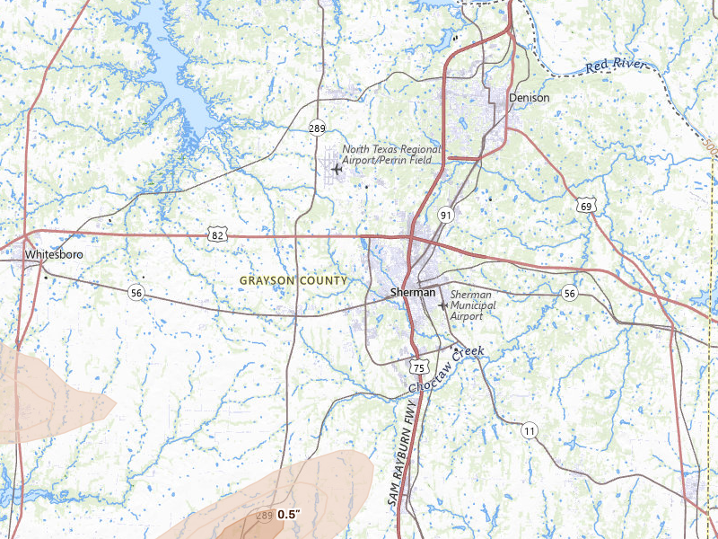 Radar-estimated hail-size map of the storm over Sherman, TX on Mar 4, 2026