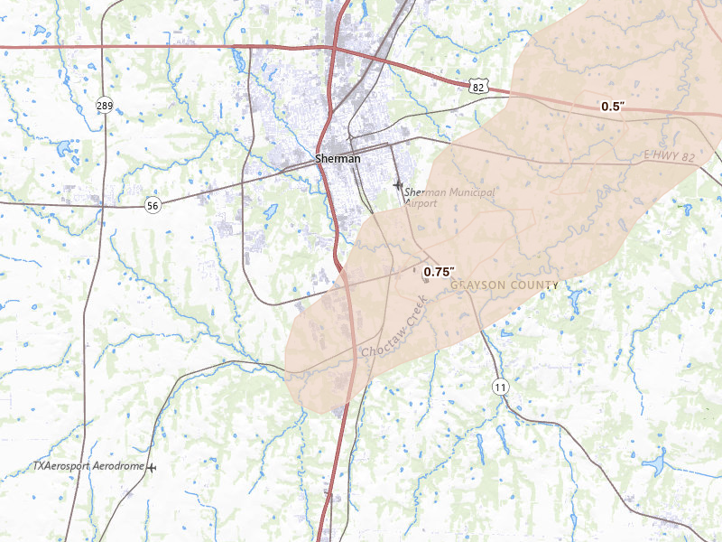 Radar-estimated hail-size map of the storm over Sherman, TX