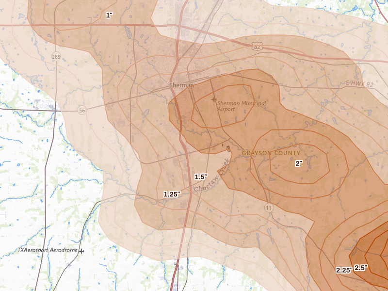 Radar-estimated hail-size map of the storm over Sherman, TX on Apr 25, 2026