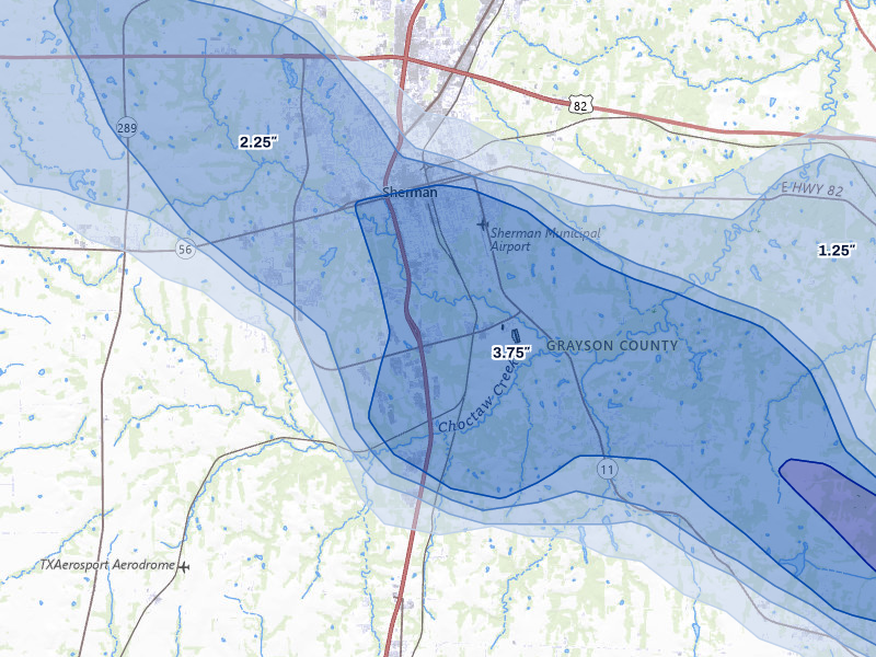 NEXRAD radar-signature map of the hail over Sherman, TX