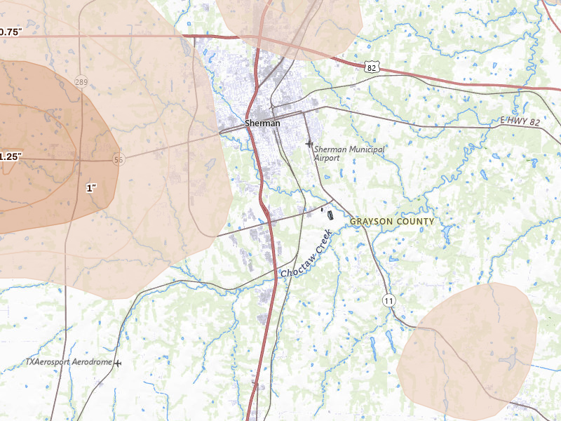 Radar-estimated hail-size map of the storm over Sherman, TX on May 9, 2026