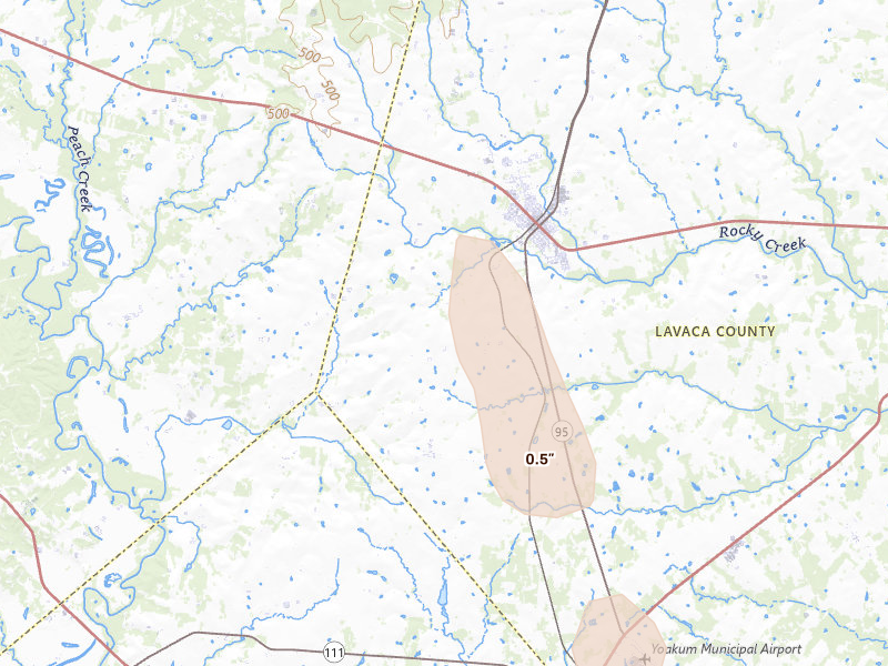 Radar-estimated hail-size map of the storm over Shiner, TX on Jul 7, 2026