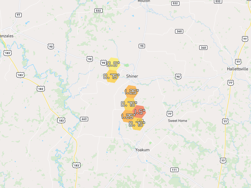 Hail map of Shiner, TX on Jul 7, 2026, hail up to 1.5"