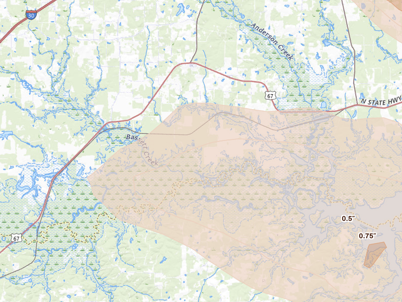 Radar-estimated hail-size map of the storm over Simms, TX on Jun 22, 2026