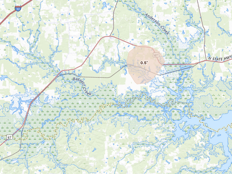 Radar-estimated hail-size map of the storm over Simms, TX on Aug 8, 2026