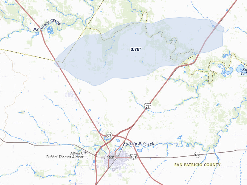 NEXRAD radar-signature map of the hail storm over Sinton, TX on May 1, 2026