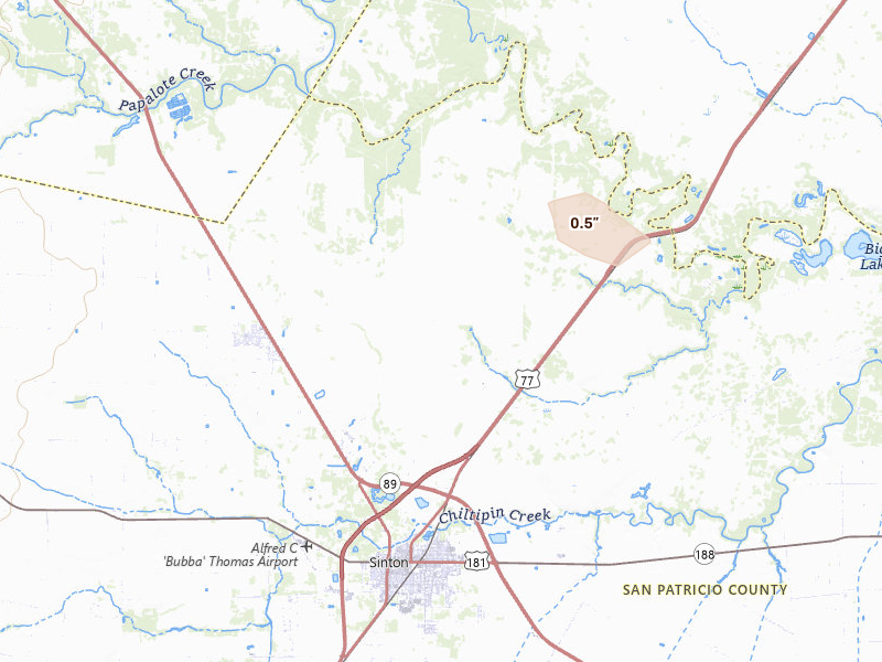 Radar-estimated hail-size map of the storm over Sinton, TX on May 10, 2026