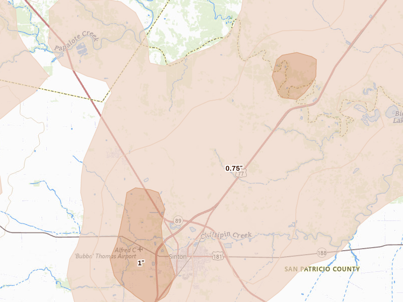 Radar-estimated hail-size map of the storm over Sinton, TX on May 18, 2026