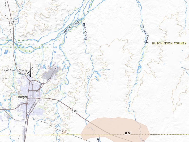Radar-estimated hail-size map of the storm over Skellytown, TX on Apr 9, 2026