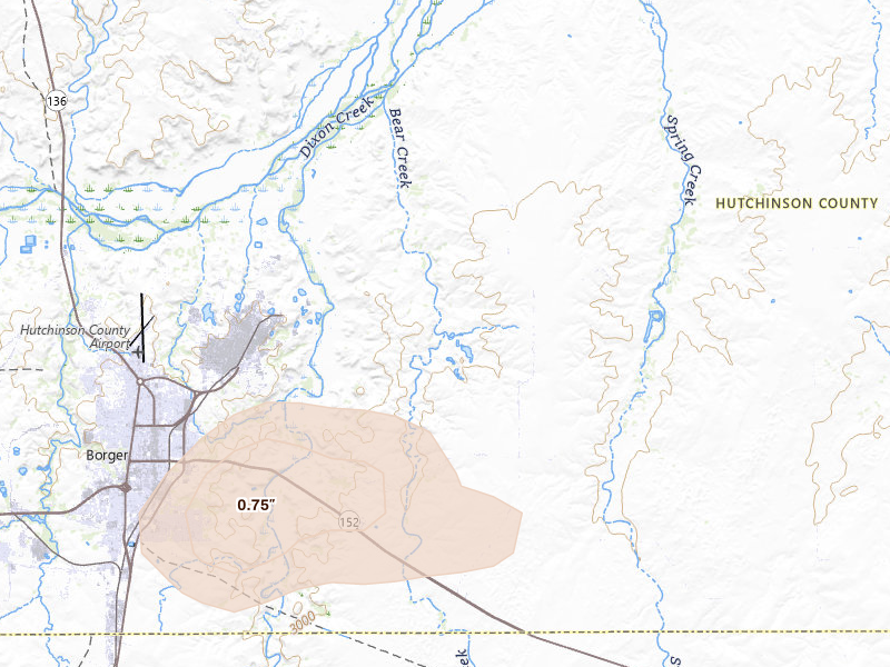 Radar-estimated hail-size map of the storm over Skellytown, TX on Jun 25, 2026