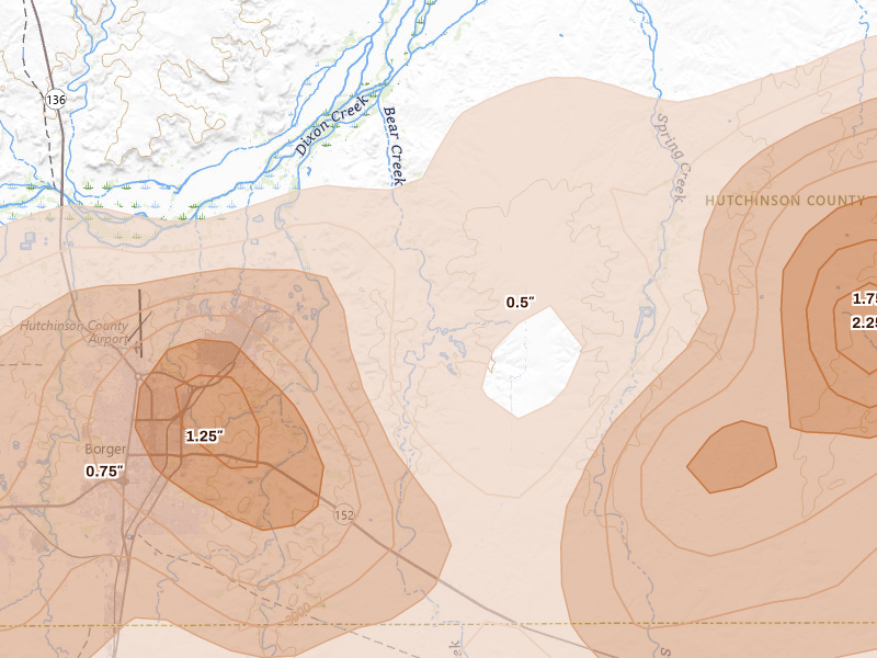 Radar-estimated hail-size map of the storm over Skellytown, TX on Jul 4, 2026