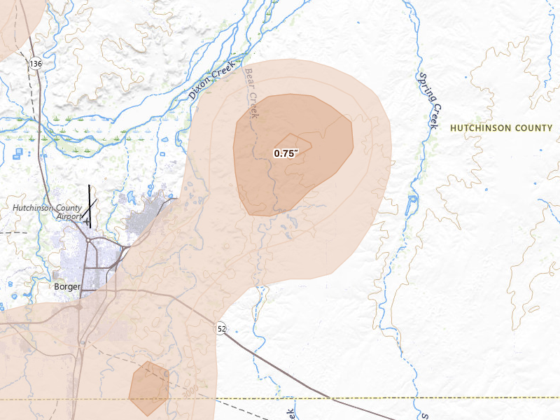 Radar-estimated hail-size map of the storm over Skellytown, TX on Jul 5, 2026