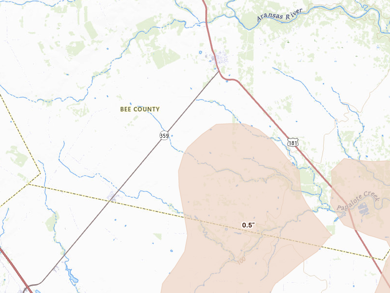Radar-estimated hail-size map of the storm over Skidmore, TX on May 18, 2026