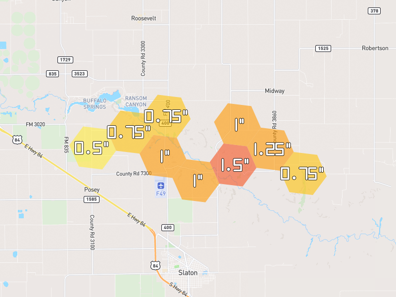 Hail map of Slaton, TX on Jun 1, 2026, hail up to 1.5"