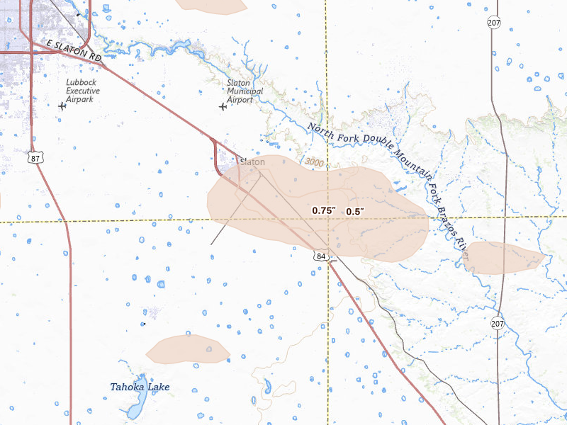 Radar-estimated hail-size map of the storm over Slaton, TX on Jun 25, 2026