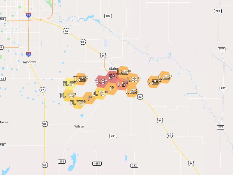 Hail map of Slaton, TX on Jun 26, 2026, hail up to 2.5"