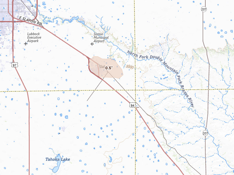Radar-estimated hail-size map of the storm over Slaton, TX on Jul 12, 2026