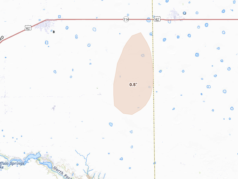 Radar-estimated hail-size map of the storm over Slaton, TX on Aug 13, 2026