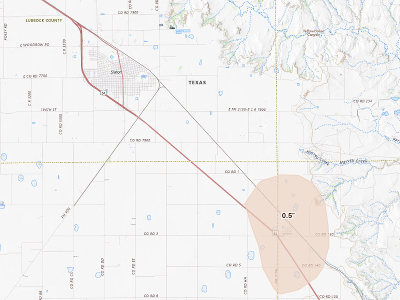 Radar-estimated hail-size map of the storm over Slaton, TX on Sep 21, 2026