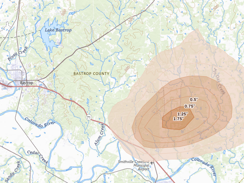 Radar-estimated hail-size map of the storm over Smithville, TX on May 10, 2026