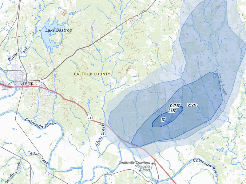 NEXRAD radar-signature map of the hail storm over Smithville, TX on May 10, 2026