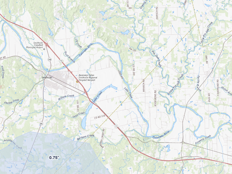 NEXRAD radar-signature map of the hail storm over Smithville, TX on Aug 28, 2026